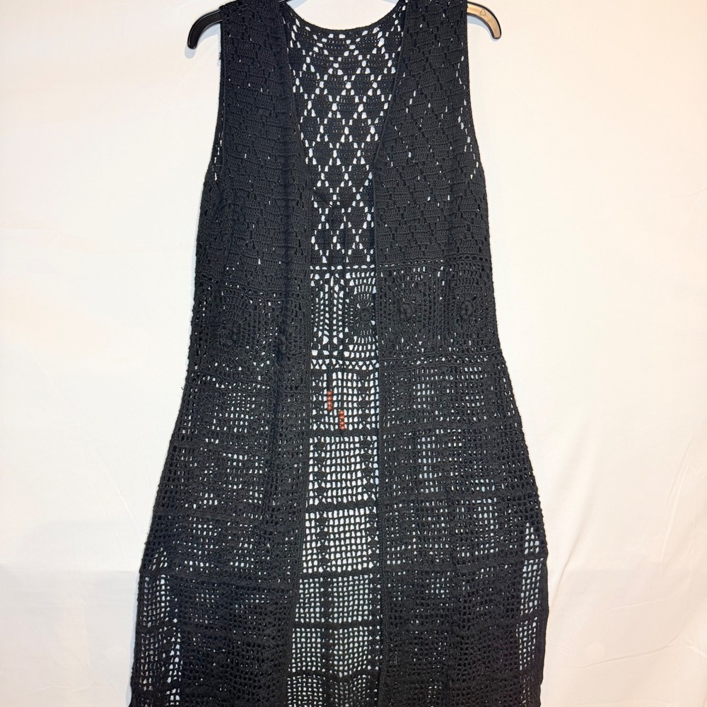 Womens Black Crochet Knit Longline Duster Vest Boho Open Front Tie Accent